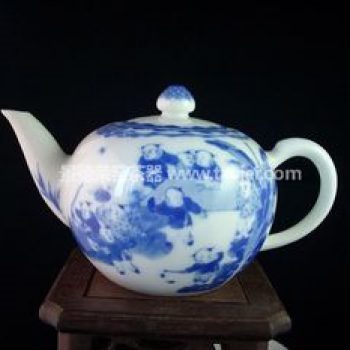 景德镇小雅青花瓷器书锦堂款群婴闹春茶壶
