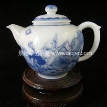 景德镇小雅青花瓷器小雅款荷塘鸟嘻茶壶