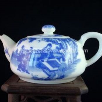 景德镇小雅青花瓷器松下对弈茶壶