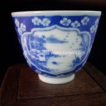 景德镇小雅青花瓷器早期款开光蓝地白花山水品杯