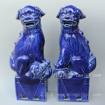 RYXZ01景德镇精品陶瓷双狮狗雕塑 蓝色艺术品 狮子