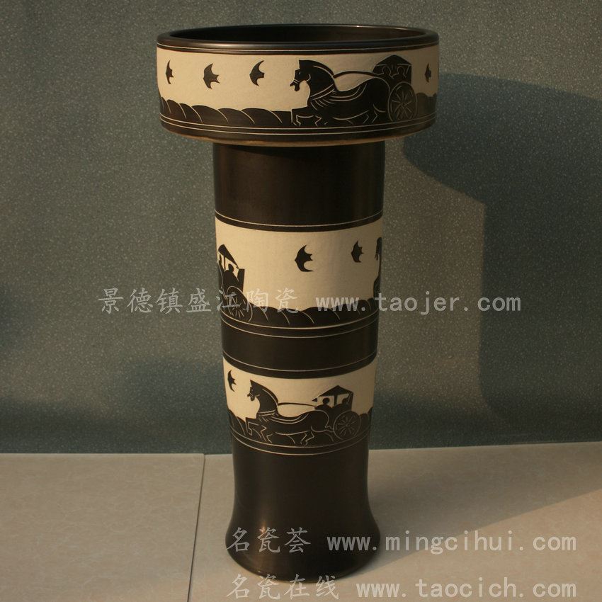 RYXW056景德镇 陶瓷 墨色马车 连体式洗脸盆 家居工艺摆设