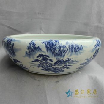 YY30景德镇精品陶瓷手绘青花粉彩水洗水缸山水风景缠枝荷花鱼