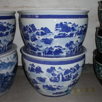 ZDE01景德镇精品陶瓷青花大缸水缸鱼缸水培花盆手绘青花山水缸