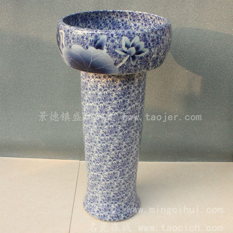 RYXW036景德镇 陶瓷 蓝底荷花 连体式洗脸盆 家居工艺摆设