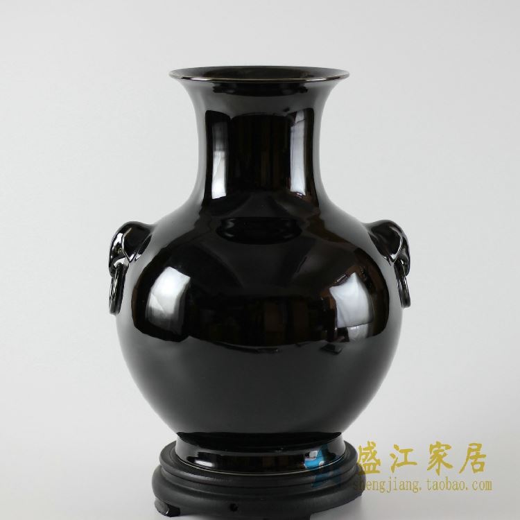 RYNQ159景德镇精品陶瓷黑色花瓶摆件双耳花瓶