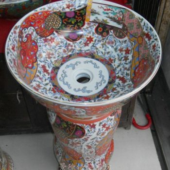 SJBG69景德镇 精品陶瓷仿古彩花金边手工 五彩 洗脸盆台盆