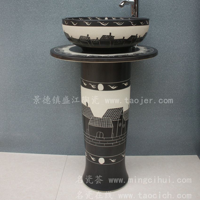 RYXW055景德镇 陶瓷 墨色建筑 连体式洗脸盆 家居工艺摆设