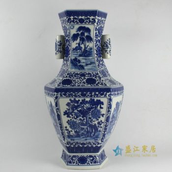 RYJF23 景德镇 手绘仿古青花瓶 带双耳六角瓶菱形瓶