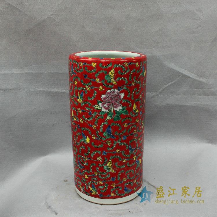 CX01景德镇精品陶瓷粉彩蝴蝶牡丹花缠枝笔筒直筒伞筒文房用具