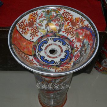 SJBG72景德镇精品陶瓷仿古彩花金边手工缠枝台盆台柱洗脸盆两件套