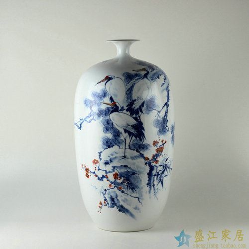 RZDN02景德镇精品陶瓷花瓶松鹤延年手绘精品花瓶收藏花瓶家居摆件