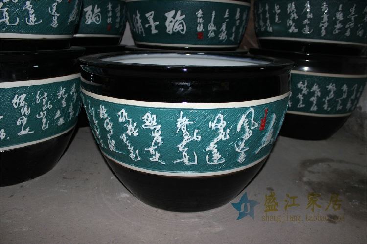 RZDE02景德镇精品陶瓷鱼缸大缸水缸雕刻文字花盆水培蓝色共色可选