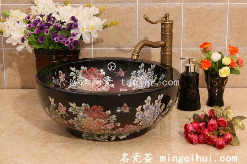 RYXW211景德镇 双层黑红彩牡丹 家居工艺摆设