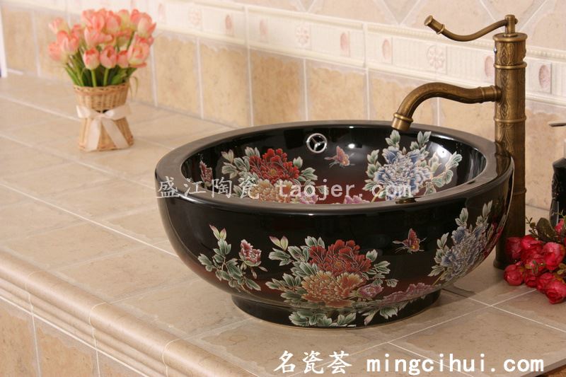 RYXW211景德镇 双层黑红彩牡丹 家居工艺摆设