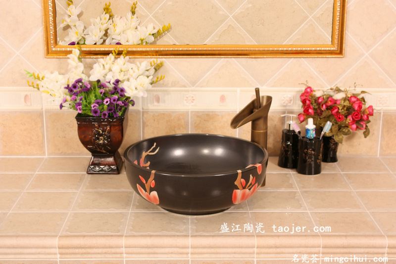 RYXW572景德镇 陶瓷 黑底红玉兰 洗脸盆 家居工艺摆设