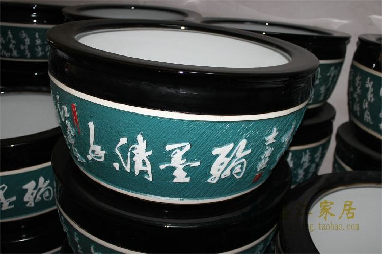 RZDE02景德镇精品陶瓷鱼缸大缸水缸雕刻文字花盆水培蓝色共色可选