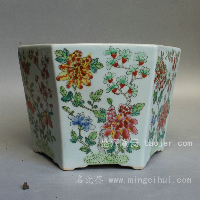 RYSZ12景德镇精品陶 粉彩 蝶恋花 四方 花盆