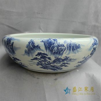 RYYY30景德镇精品陶瓷手绘青花粉彩水洗水缸山水风景缠枝荷花鱼