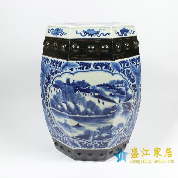 RZAJ01景德镇陶瓷 手绘青花开光山水 瓷凳 梳妆凳 鼓凳 凳子