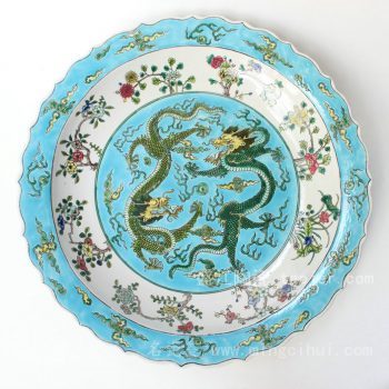 RYQQ40 景德镇 精品 陶瓷 蓝白底花口龙纹 五彩盘