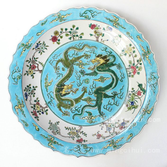 RYQQ40 景德镇 精品 陶瓷 蓝白底花口龙纹 五彩盘