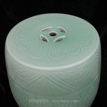 NYMA02 景德镇陶瓷 手工陶瓷 影青豆青釉手工雕刻荷花青莲 凳子