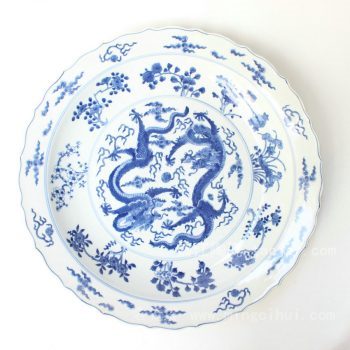 RYQQ43 景德镇 精品 陶瓷 青花花口龙纹盘