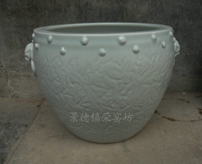 ZJSG10景德镇 精品手工 陶瓷 影青 狮子头带钉 陶瓷雕刻 鱼缸