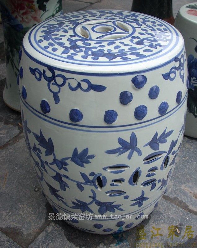RYAZ315景德镇陶瓷 手绘青花缠枝带钮钉 瓷凳 梳妆凳 鼓凳 凳子