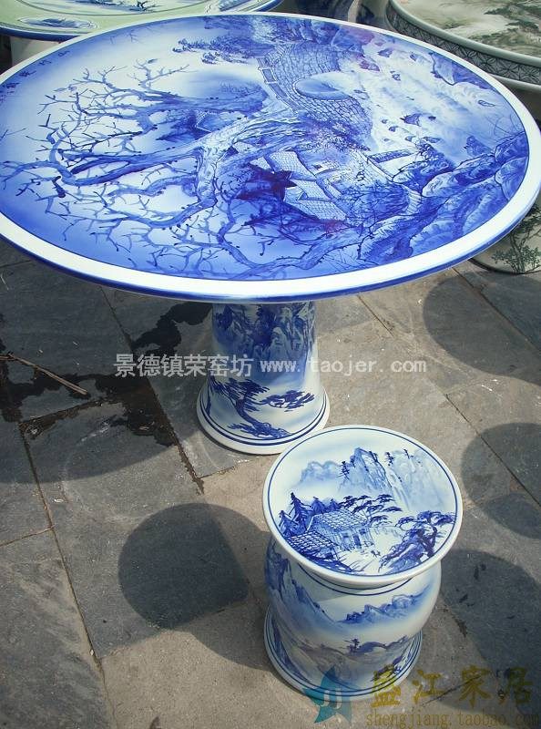 RYAZ300景德镇陶瓷手绘青花山水人家加厚版瓷桌凳套组一桌四凳子