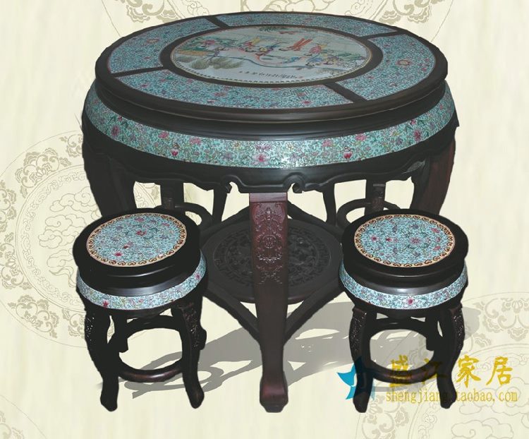 RYYZ11景德镇陶瓷 粉彩仿古蓝底缠枝人物 瓷桌凳套组 一桌四凳子