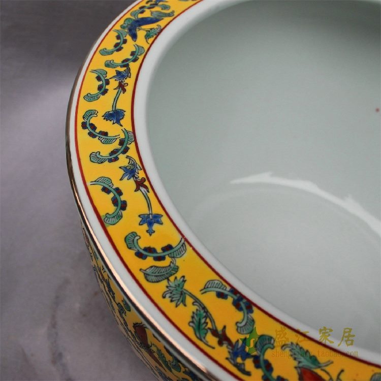 RZCX0506景德镇精品陶瓷黄底粉彩鱼缸蝴蝶牡丹缠枝大缸水缸花盆