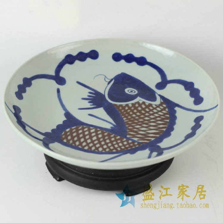 RZDC10景德镇精品陶瓷盘子手工手绘青花釉里红鱼盘餐盘菜盘碟子