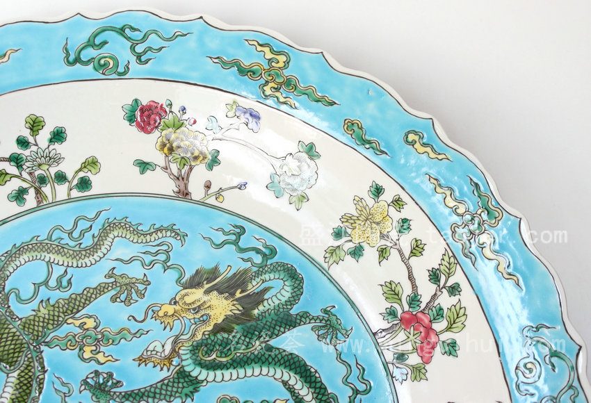 RYQQ40 景德镇 精品 陶瓷 蓝白底花口龙纹 五彩盘
