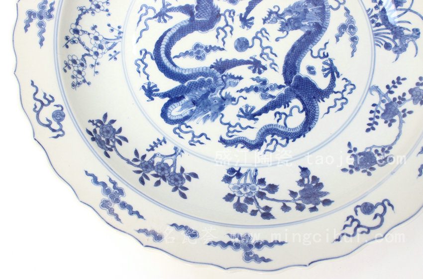 RYQQ43 景德镇 精品 陶瓷 青花花口龙纹盘