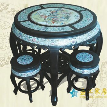 RYYZ03景德镇陶瓷 仿古黑亚光釉粉彩人物 瓷桌凳套组 一桌四凳子