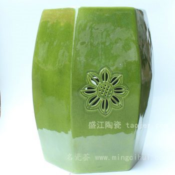 RYDB45景德镇 精品 陶瓷 鱼子黄 草绿釉雕刻六方凳