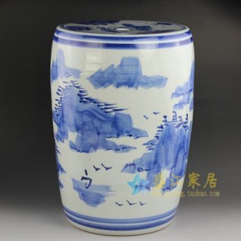 RYLL37  青花山水风景画瓷凳 凉墩 鼓凳