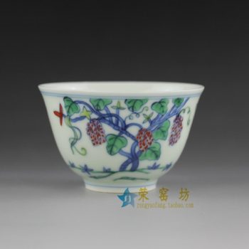 RYJI08  青花斗彩葡萄果枝图茶杯 茶碗 汤碗 