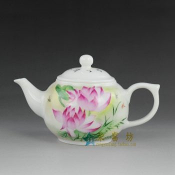 14ok67 手绘粉彩荷花图手柄茶壶 精品茶具