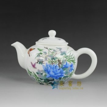 14ok68 手绘粉彩蝴蝶花卉图手柄茶壶 精品茶具 