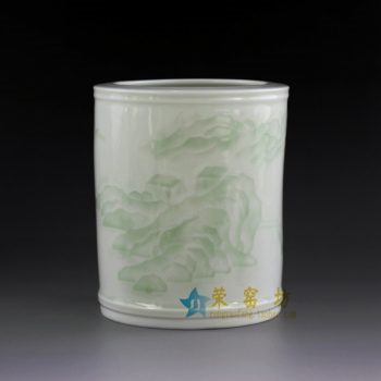 14AA34-c 青釉山水风景画笔筒 文具