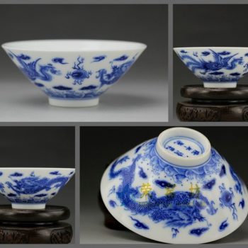 RZBE08 手绘仿古青花龙凤呈祥图茶碗 茶杯 