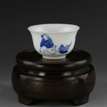 14U66-E 手绘青花牧马图功夫茶杯 品茗杯  