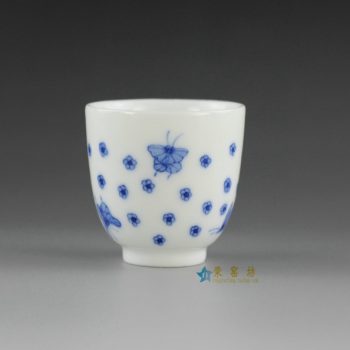  14U10-K手绘青花蝴蝶花卉图功夫茶杯 品茗杯            