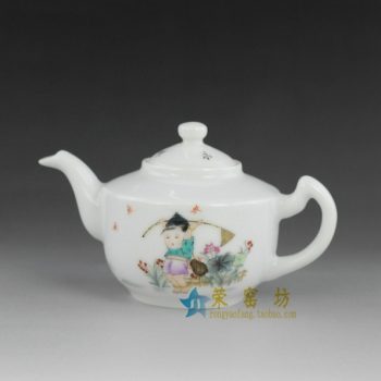 14dw22手绘粉彩婴戏图手柄茶壶 