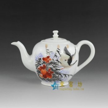 14ok66  手绘粉彩芦苇丛飞鹤图手柄 茶壶 精品茶具