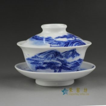 14GT51 3057手绘青花山水风景图盖碗 三才碗 泡茶杯