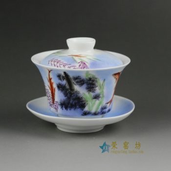 14OK64手绘粉彩鱼戏游乐图盖碗 三才碗 泡茶杯